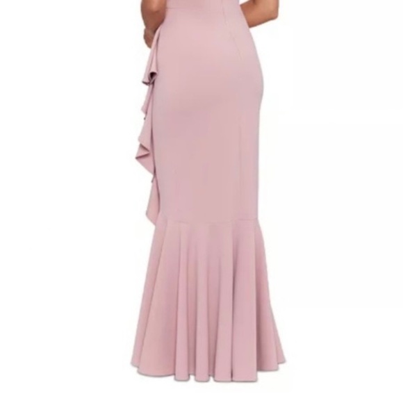 BETSY & ADAM Off-The-Shoulder Cascading Ruffle Mermaid Gown in Rose - Picture 4 of 4